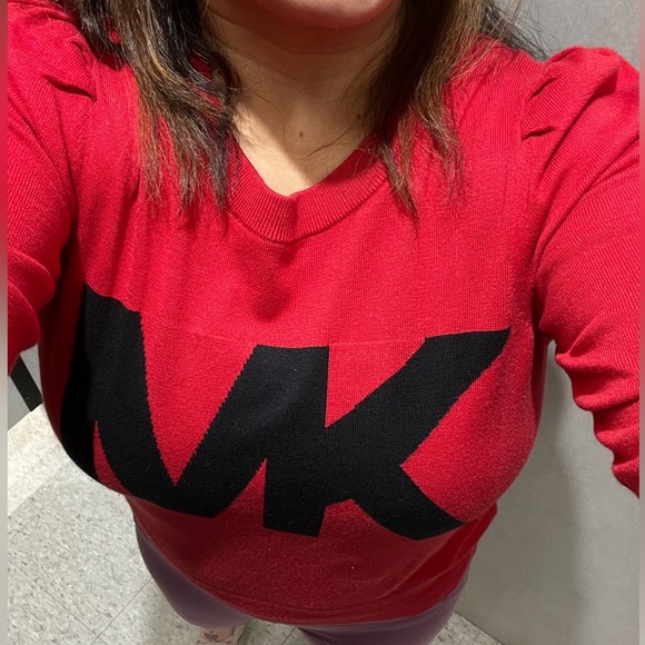 MICHAEL KORS Red MK Sweater Puff Sleeves Monogram Logo RARE Cute Knit Statement - Picture 3 of 3